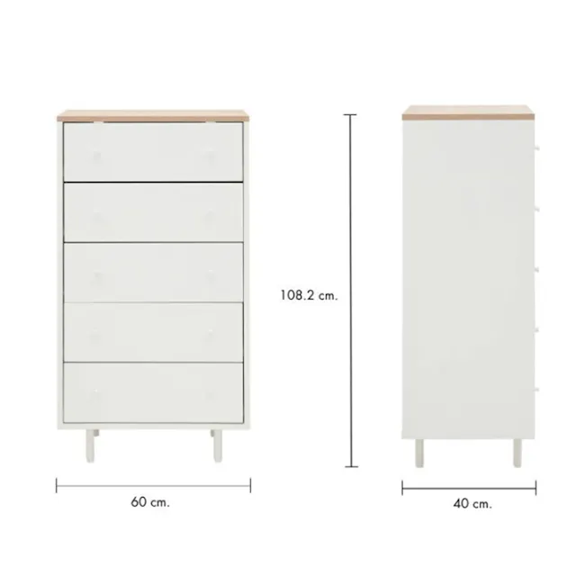 Madeline Modular 5 Drawer Chest 0.6m - 11 - White wooden dresser with six drawers, 2 cm height, 60 cm width, 40 cm depth, 3