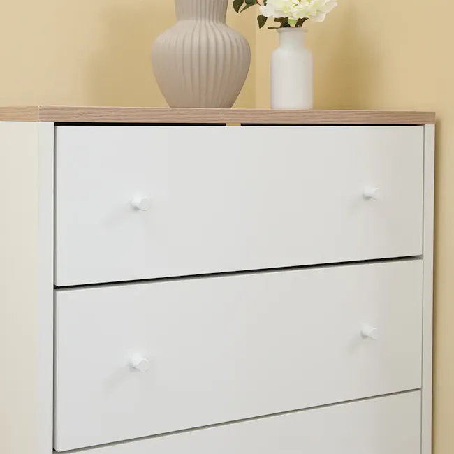 Madeline Modular 5 Drawer Chest 0.6m - 5 - vintage dresser, white drawers, minimalist design, wooden top, beige vase, white