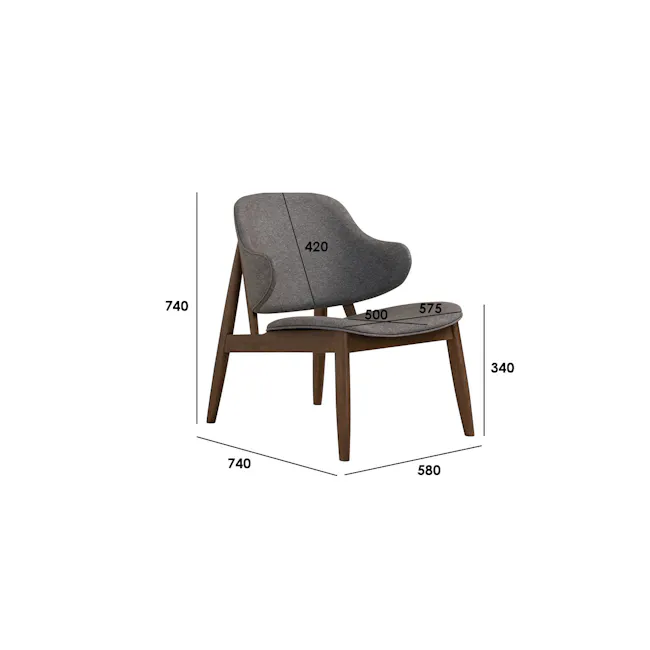 Stella Lounge Chair - Cocoa, Oyster Grey - 7 - Grey upholstered chair, 420 cm height, 580 cm width, 740 cm total length, 575