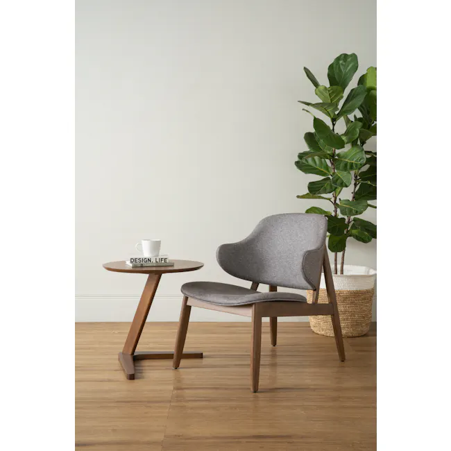 Stella Lounge Chair - Cocoa, Oyster Grey - 2 - Modern minimalist design, cozy indoor setting, stylish chair, wooden table