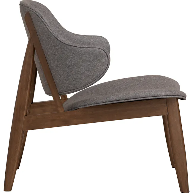Stella Lounge Chair - Cocoa, Oyster Grey - 5 - Gray upholstered chair with wooden frame, angled backrest, smooth fabric