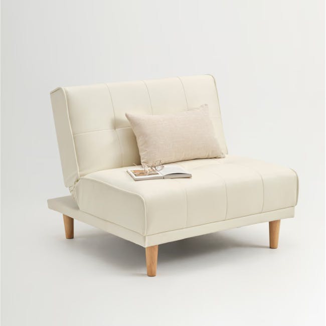 Candice 1 Seater Sofa Bed - Ivory (Faux Leather) - 3 - Cream tufted leather sofa, minimalist design, light beige cushion