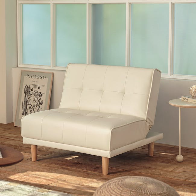 Candice 1 Seater Sofa Bed - Ivory (Faux Leather) - 4 - White leather sofa, minimalist design, light wooden legs, soft