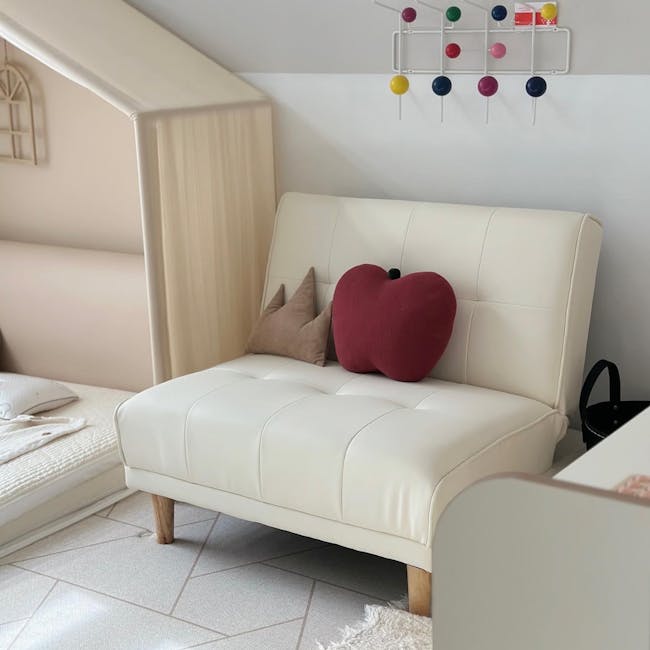 Candice 1 Seater Sofa Bed - Ivory (Faux Leather) - 12 - White leather sofa, beige headboard, wooden legs, heart-shaped red