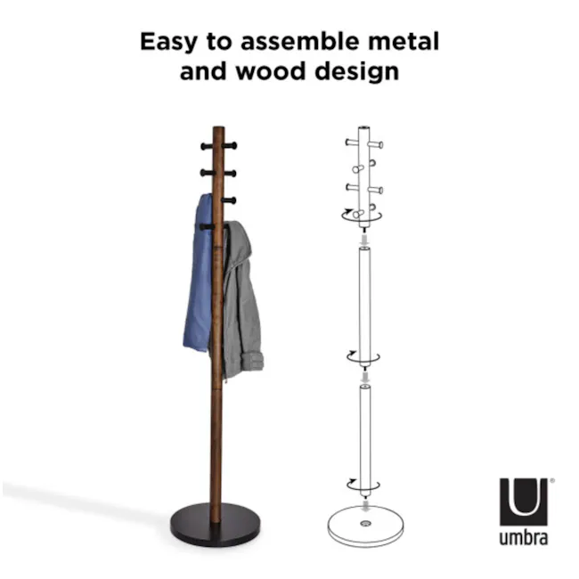 Pillar Coat Rack - Black, Walnut - 8 - Metal and wood design easy to assemble, sturdy stand, hanging organizer, dual pole
