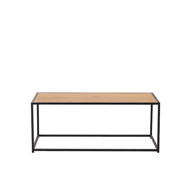 Daniela Coffee Table - 1 - Modern minimalist table with sleek black metal frame, rectangular wooden top, clean lines