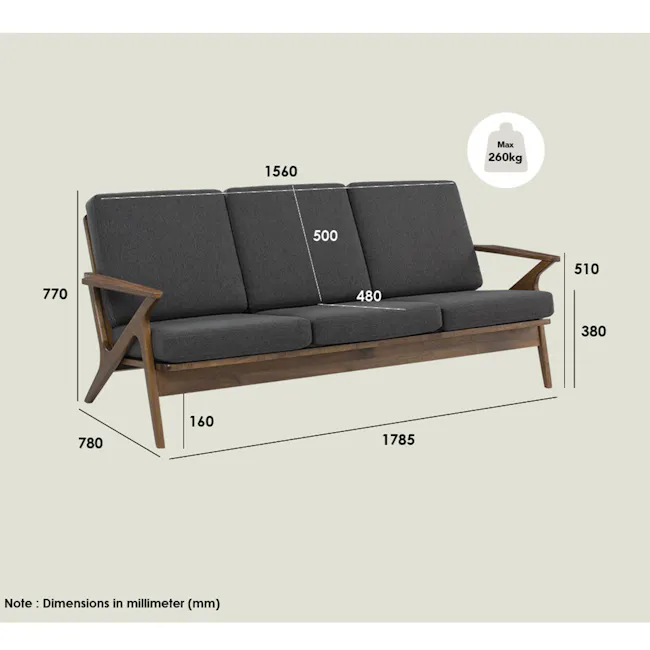 Aston 3 Seater Sofa - Seal - 8 - Grey upholstered sofa, 1560 mm width, 500 mm height, 480 mm depth, 770 mm seat length, 160