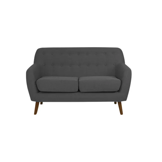 Emma 2 Seater Sofa - Raven - 1 - Grey upholstered sofa with tufted design, two cushioned seats and backrest, wooden legs