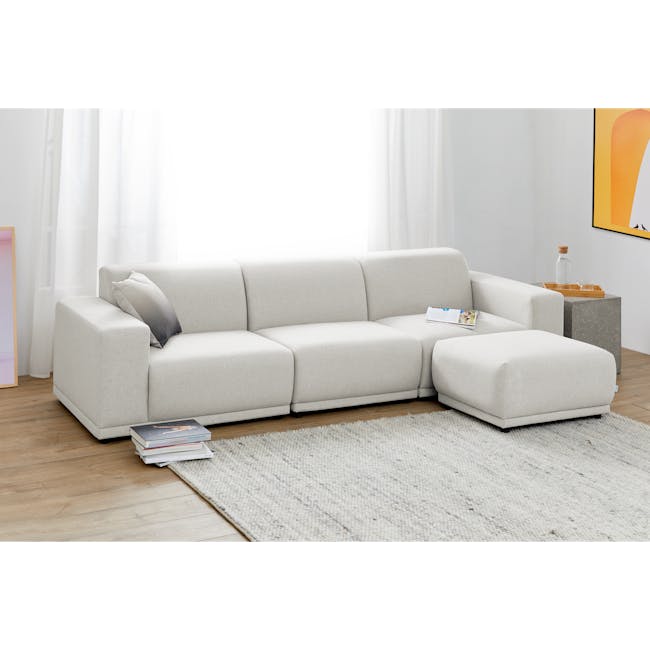 Milan 4 Seater Sofa with Ottoman - Ivory (Fabric) - 2 - Modern minimalist living room, light beige sectional sofa, clean and