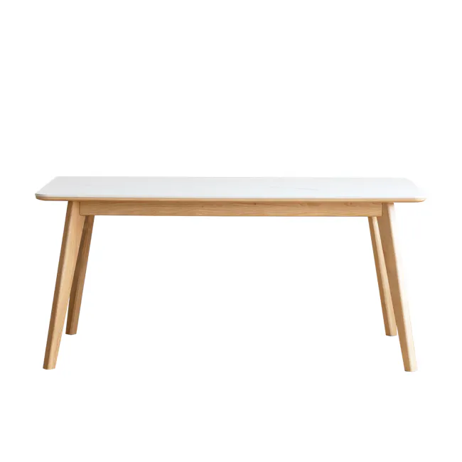Nellie Dining Table 1.8m - Oak (Sintered Stone) - 1 - Wooden table with white marble top, light wooden legs, minimalist
