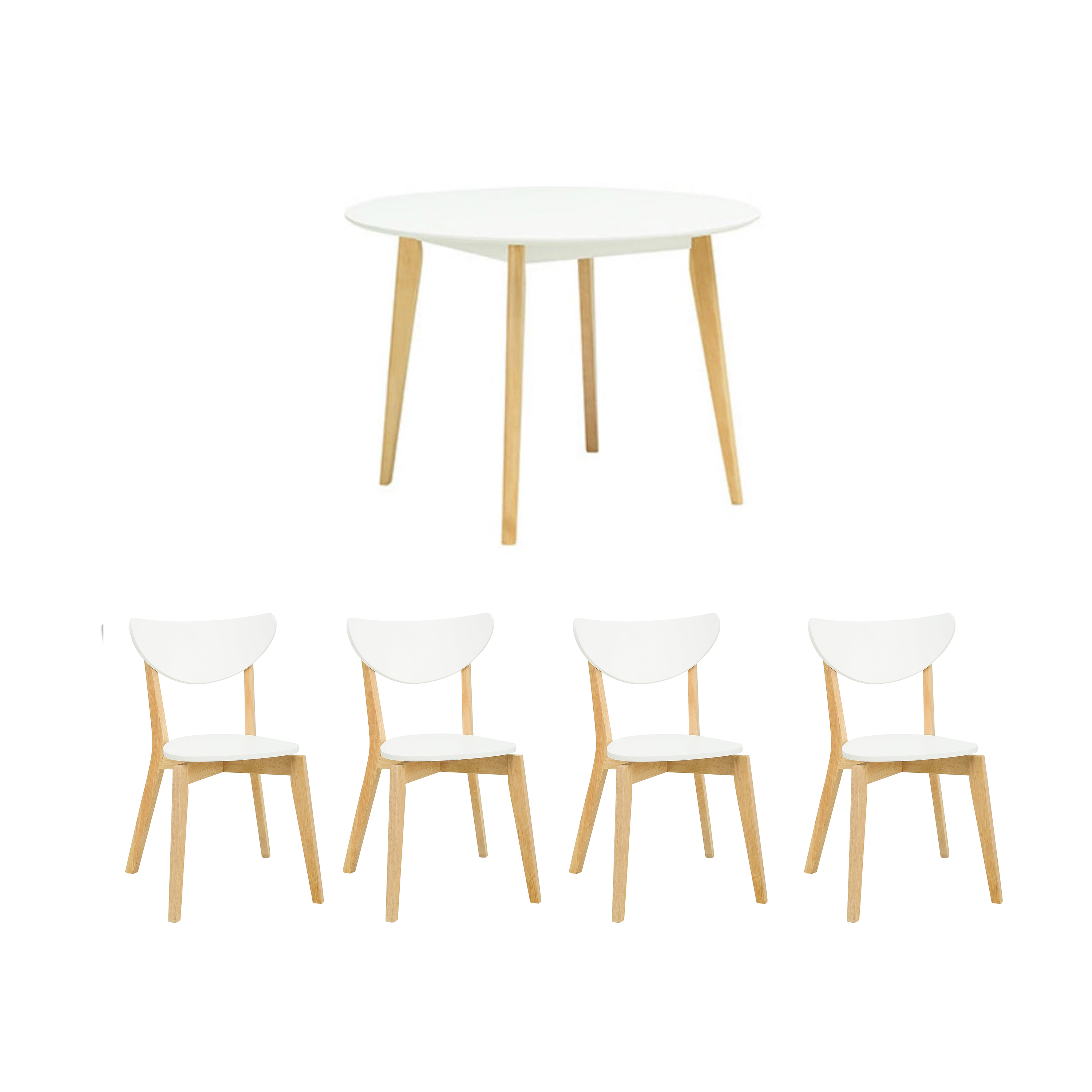 Harold Round Dining Table 1.05m with 4 Harold Dining Chairs in Natural, White