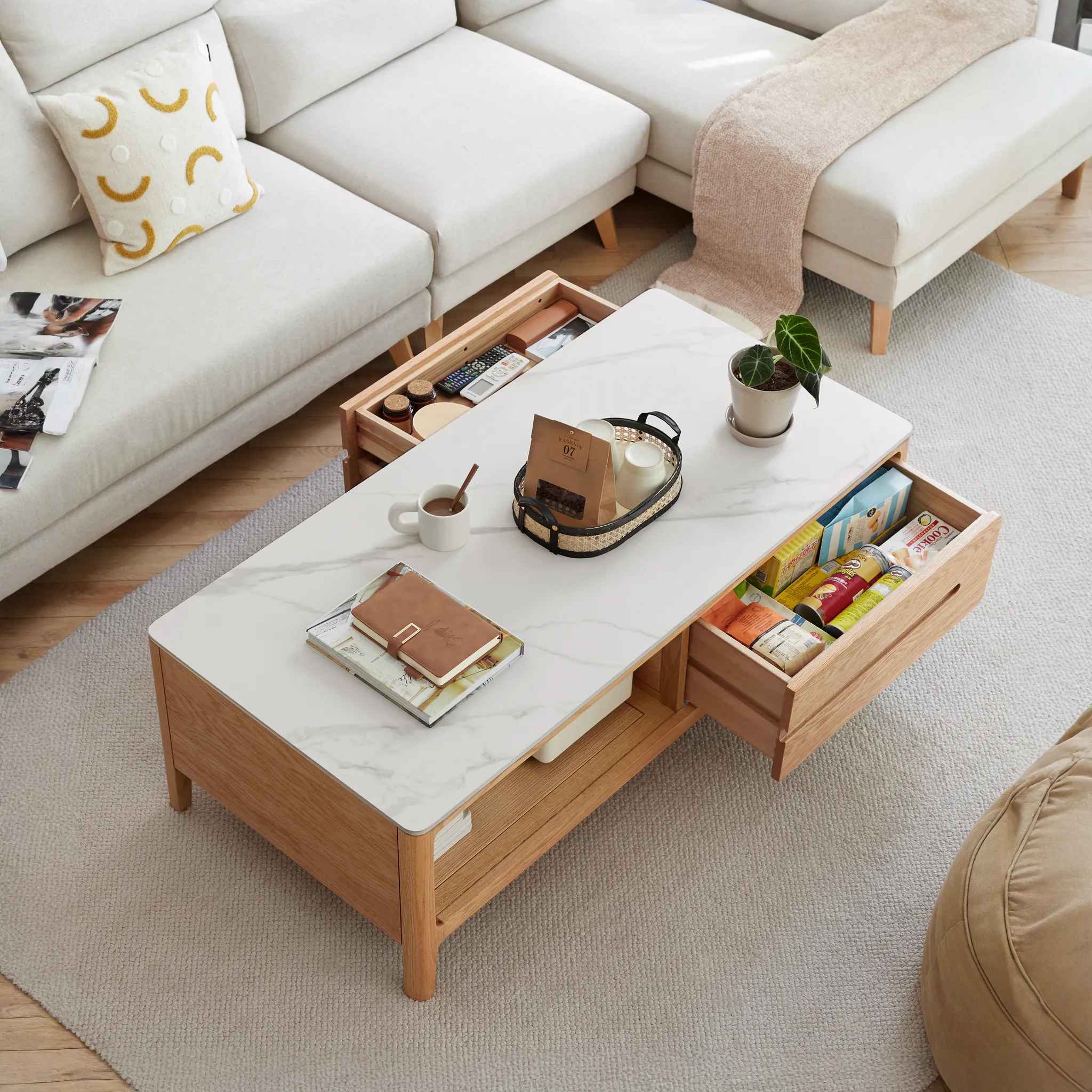 Devin Coffee Table 1m (Sintered Stone) - 19 - White sofa, beige cushions, wooden coffee table, marble top, open drawer