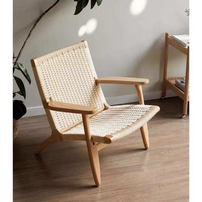 Gretta Rattan Lounge Chair - Natural - 3 - Wicker chair, natural wood finish, minimalist design, woven texture, light beige