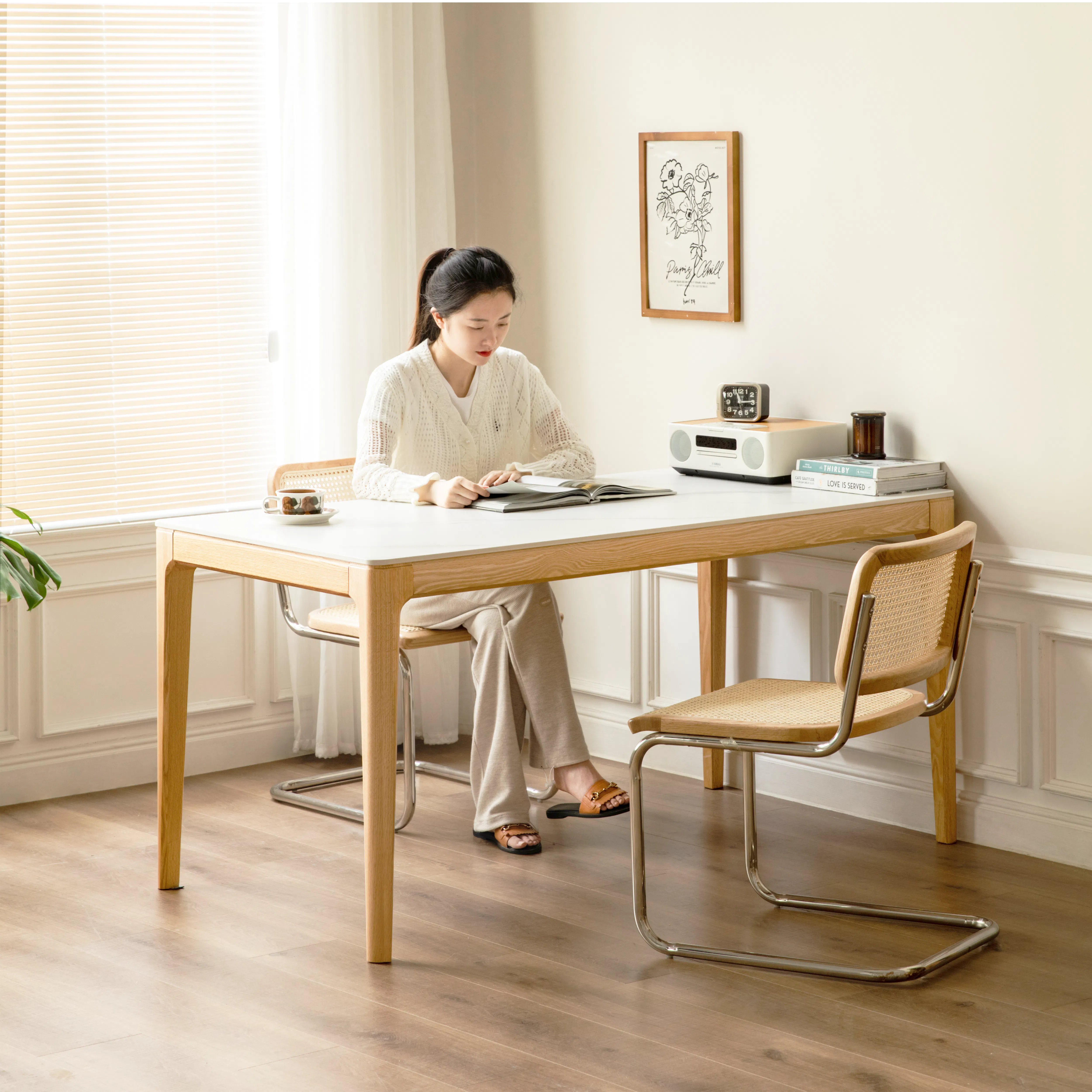 Adelyn Dining Table 1.4m (Sintered Stone) with 2 Niel Chairs and Niel Bench 1.25m in Oak - 25 - Light streaming through