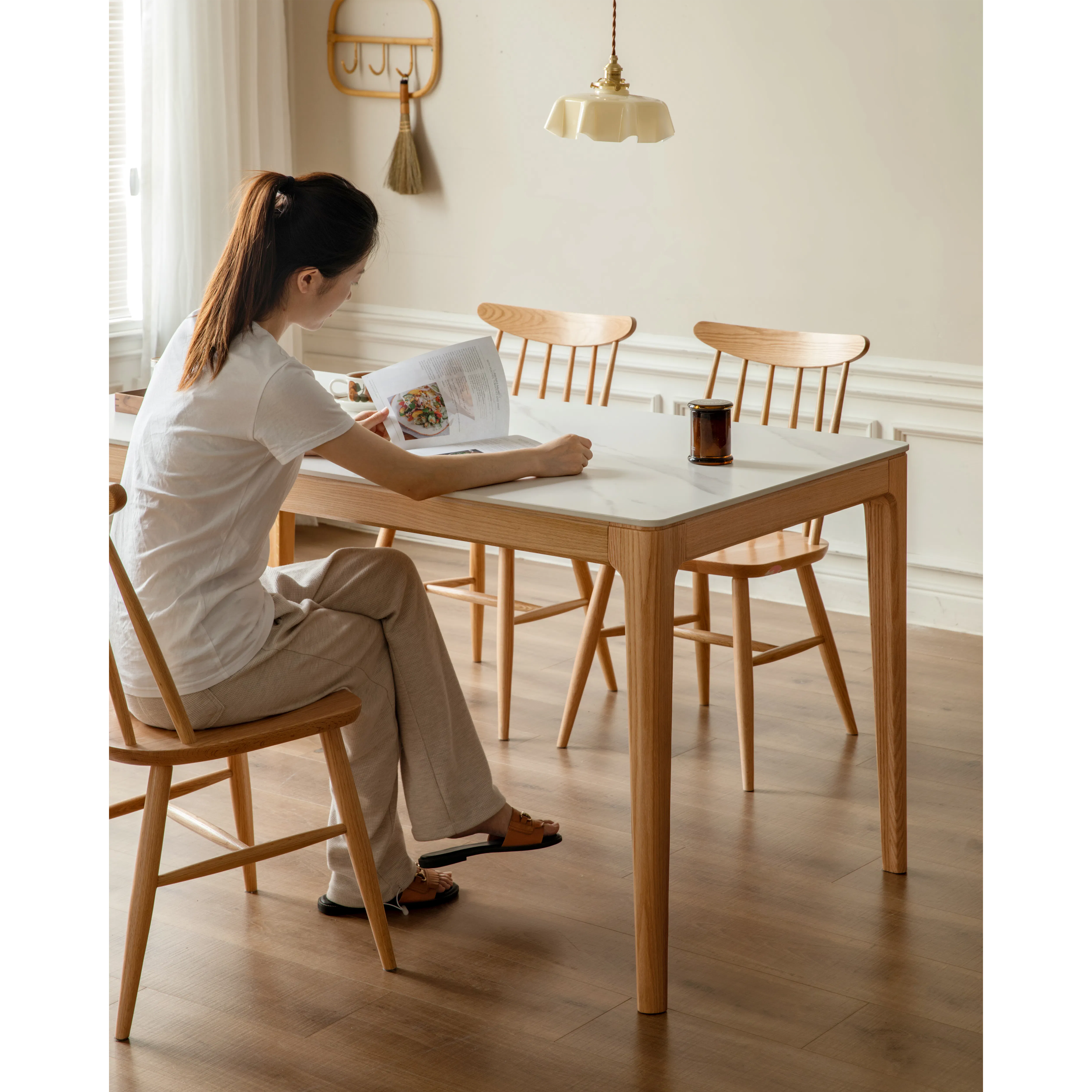 Adelyn Dining Table 1.4m (Sintered Stone) with 2 Niel Chairs and Niel Bench 1.25m in Oak - 11 - Light streaming through