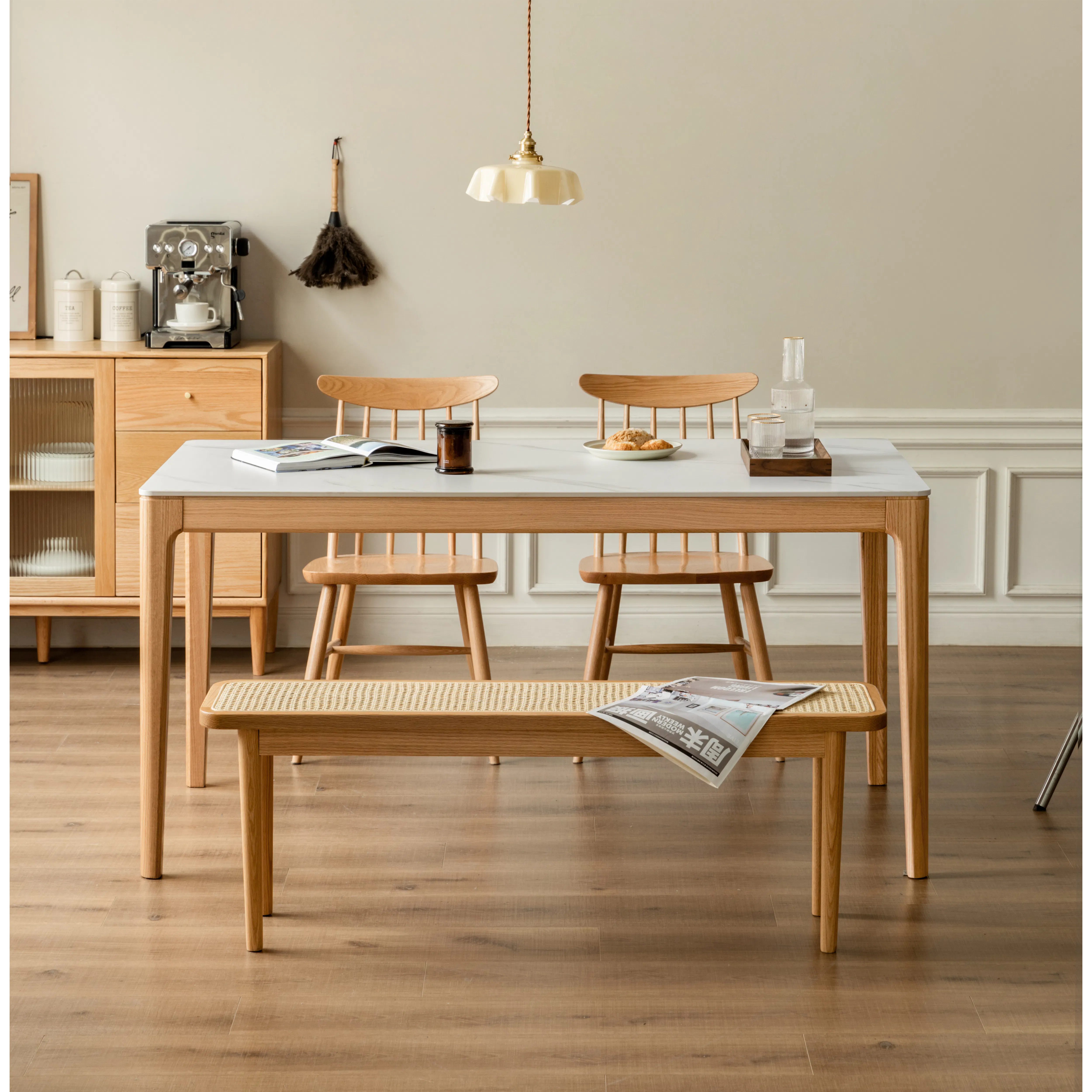 Adelyn Dining Table 1.4m (Sintered Stone) with 2 Niel Chairs and Niel Bench 1.25m in Oak - 14 - Wooden dining table