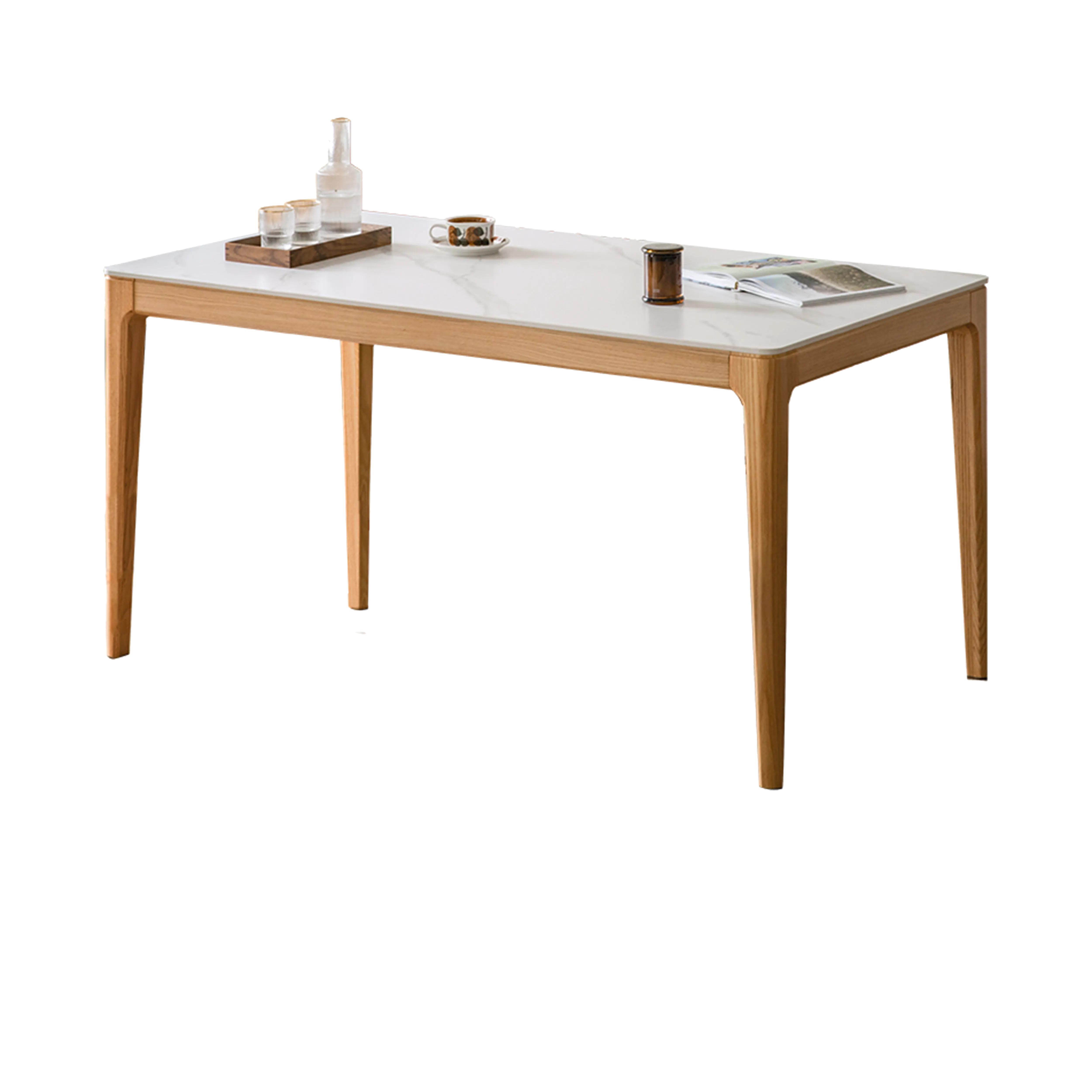 Adelyn Dining Table 1.4m (Sintered Stone) with 4 Niel Chairs in Oak - 22 - Modern minimalist table, light wood legs, marble