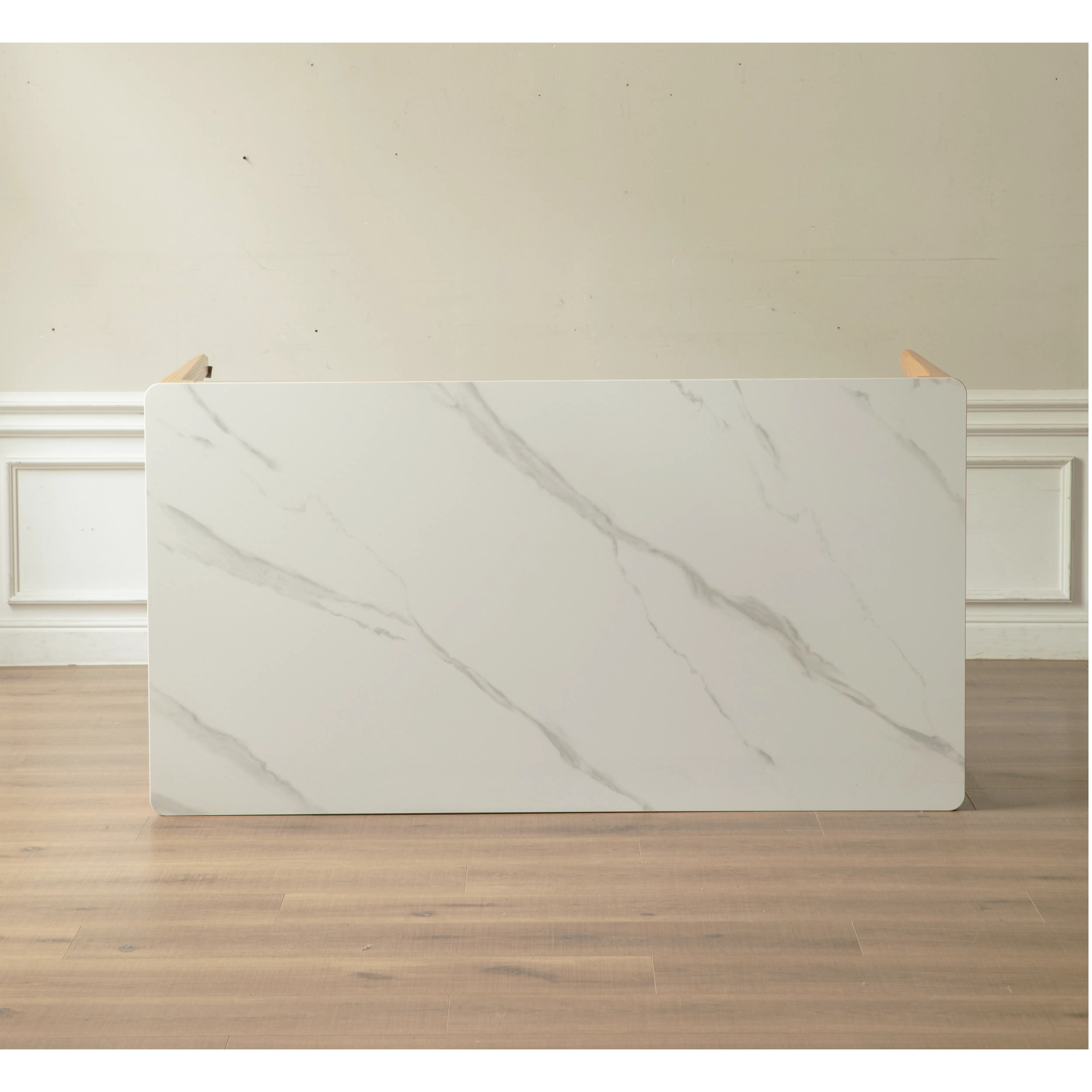 Adelyn Dining Table 1.4m (Sintered Stone) with 4 Niel Chairs in Oak - 15 - White marble panel, minimalist design, wooden