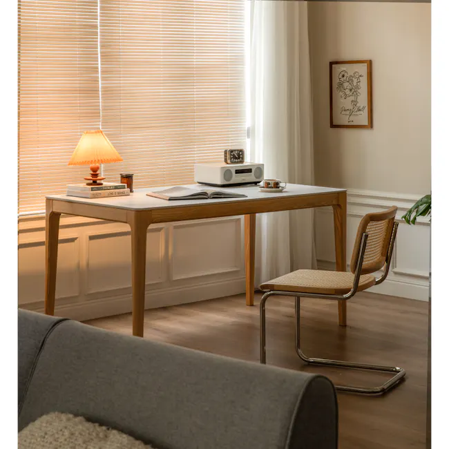 Adelyn Dining Table 1.4m (Sintered Stone) with 4 Niel Chairs in Oak - 25 - Wooden desk with open book, clock, radio, and cup