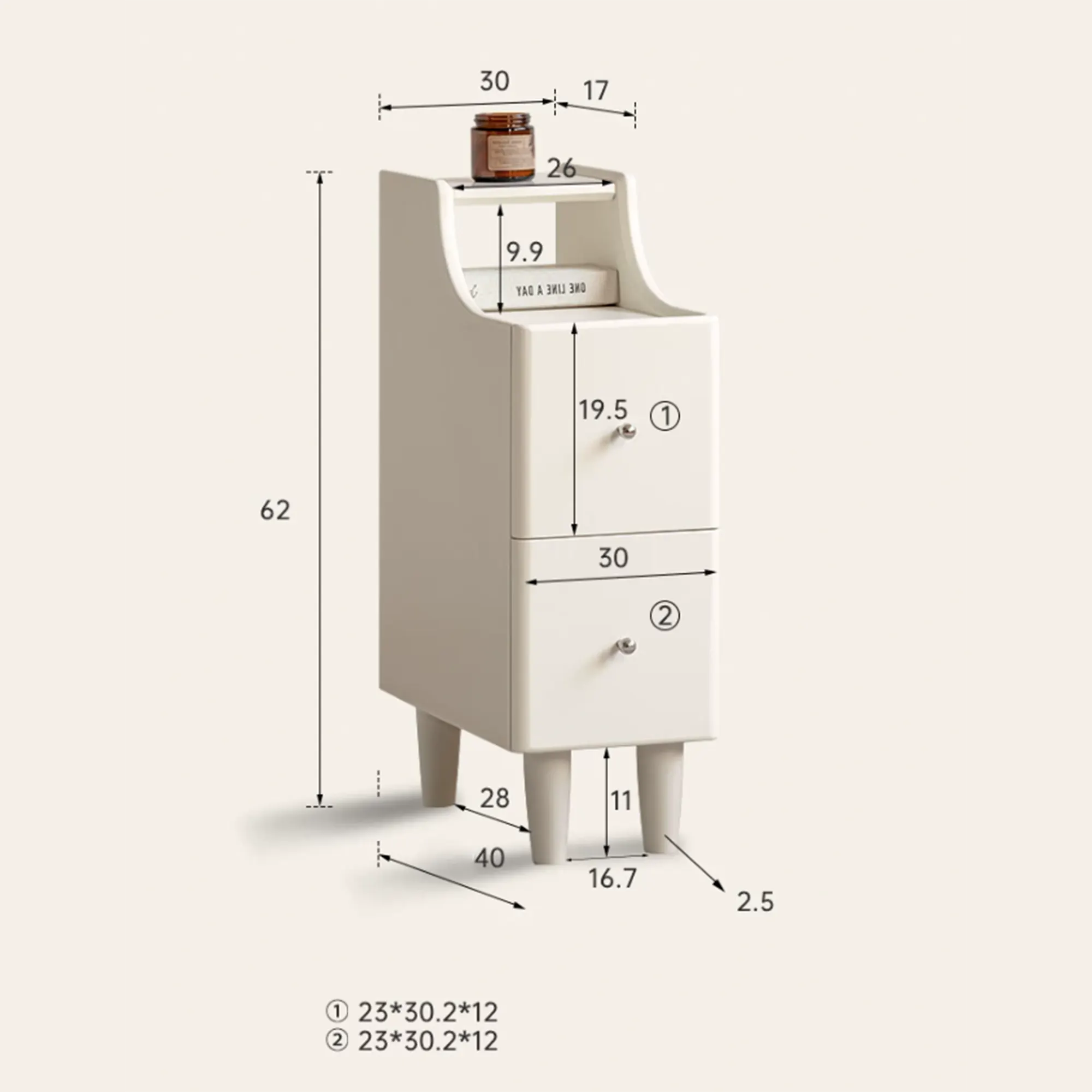 Venie Narrow Bedside Table 0.3m - White - 17