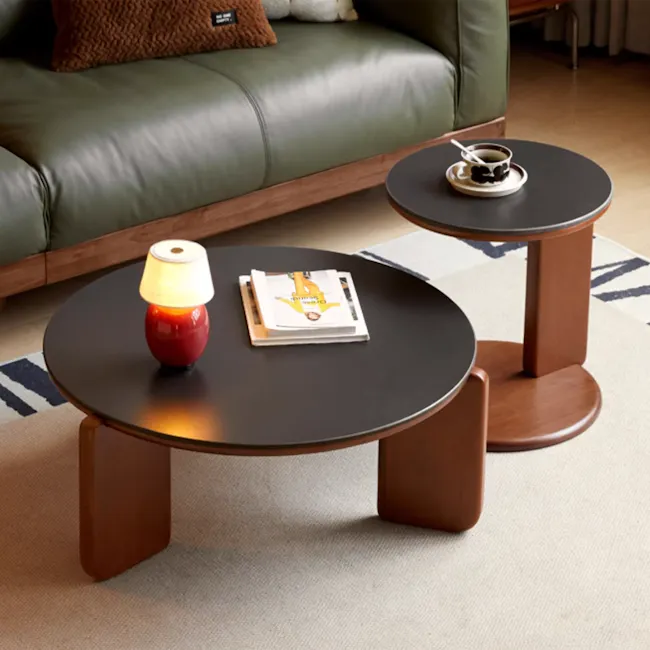 Blair Round Side Table - Walnut, Black (Sintered Stone) - 7 - modern living room, cozy seating, green leather couch, wooden