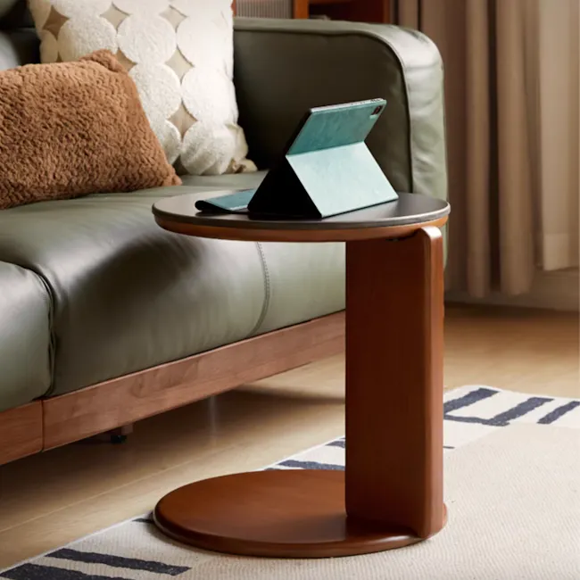 Blair Round Side Table - Walnut, Black (Sintered Stone) - 2 - Elegant wooden side table, sleek design, round base
