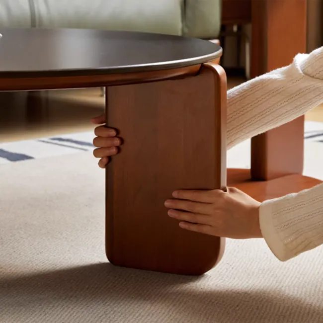 Blair Round Side Table - Walnut, Black (Sintered Stone) - 8 - wooden table, wooden floor, person's hands, wooden furniture