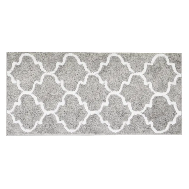 Lattice Long Floor Mat - Grey - 1 - Patterned rug, gray and white design, elegant pattern, decorative border, soft texture