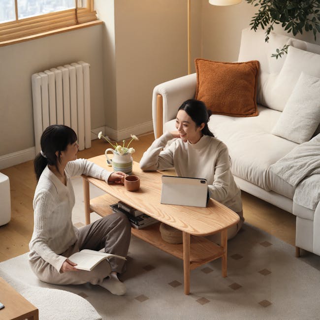 Nigel Narrow Coffee Table 1m - 2 - Couch, wooden table, white vase, white cup, brown pillow, white sofa, person sitting