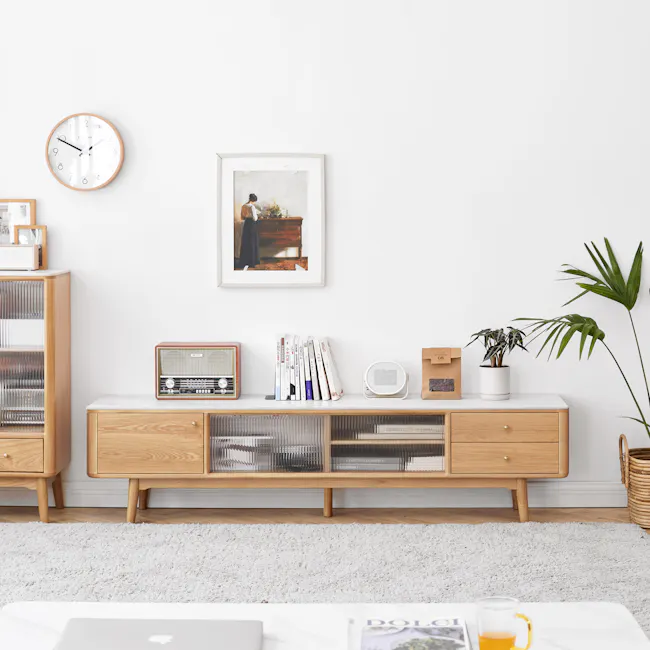 Aster TV Console 2m - Oak (Sintered Stone) - 4 - Wooden cabinet, white wall, modern decor, minimalist design, white clock