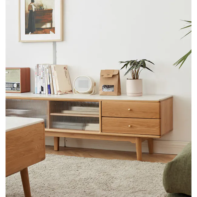 Aster TV Console 2m - Oak (Sintered Stone) - 12 - Wooden side table, beige rug, wooden floor, light-colored hardwood, wooden