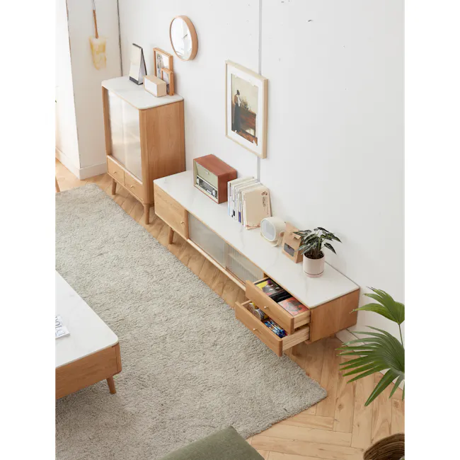 Aster TV Console 2m - Oak (Sintered Stone) - 3 - Wooden side table, beige rug, white marble countertop, vintage radio