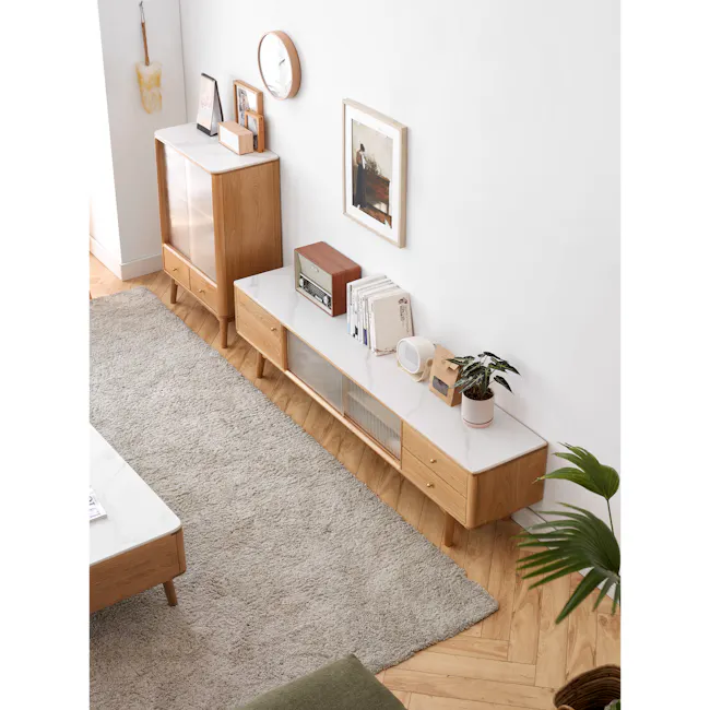Aster TV Console 2m - Oak (Sintered Stone) - 6 - Modern minimalist living room, cozy corner, wooden furniture, white marble