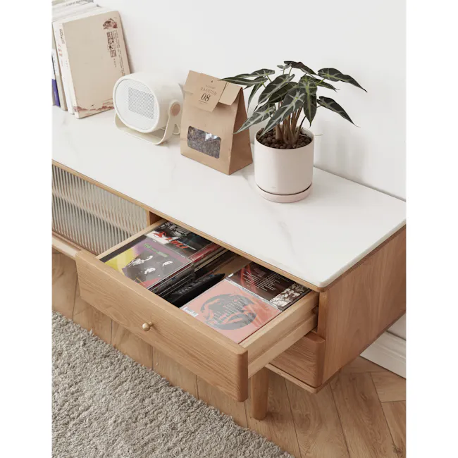 Aster TV Console 2m - Oak (Sintered Stone) - 2 - Wooden side table, beige rug, light wooden floor, white marble countertop
