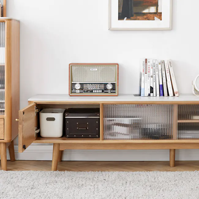 Aster TV Console 2m - Oak (Sintered Stone) - 8 - Wooden cabinet, open drawer, vintage radio, white trash bin, wooden shelf