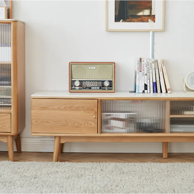 Aster TV Console 2m - Oak (Sintered Stone) - 11 - Vintage radio, wooden cabinet, glass doors, books, retro design