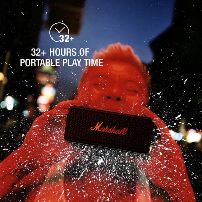 Marshall Emberton III - Black - 8 - 32+ hours of portable play time, vibrant red jacket, city lights in the background
