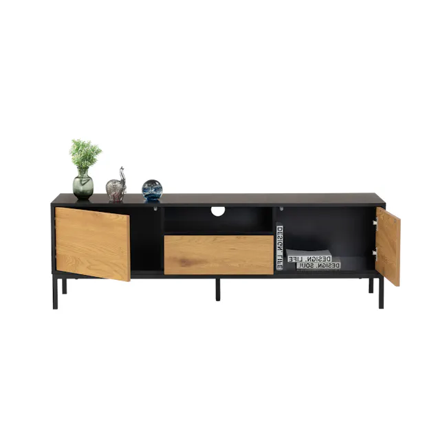 Sligo TV Console 1.4m - Black, Oak - 4 - modern shelving unit, black and wood finish, open storage compartment, decorative