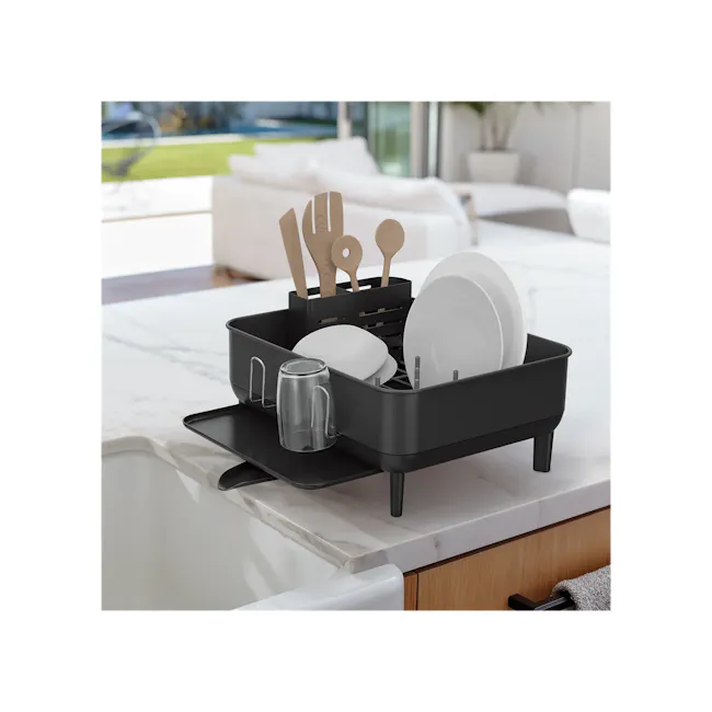simplehuman Compact Steel Frame Dishrack - Black - 4 - Dish drying rack, modern kitchen, sleek design, black tray, white