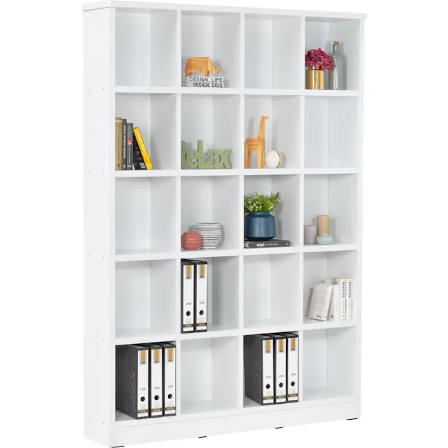 Harry 4x5 Shelving Unit - White - 3 - White bookshelf, minimalist design, open shelving, decorative items, books, plants