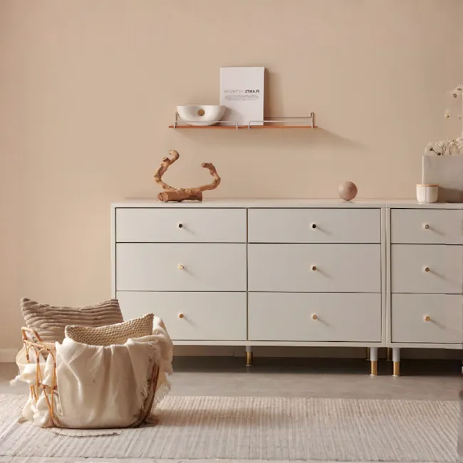 Lizzy 6 Drawer Chest 1.2m - White, Brass - 3 - White minimalist dresser, beige wall, modern decor, soft lighting, cozy