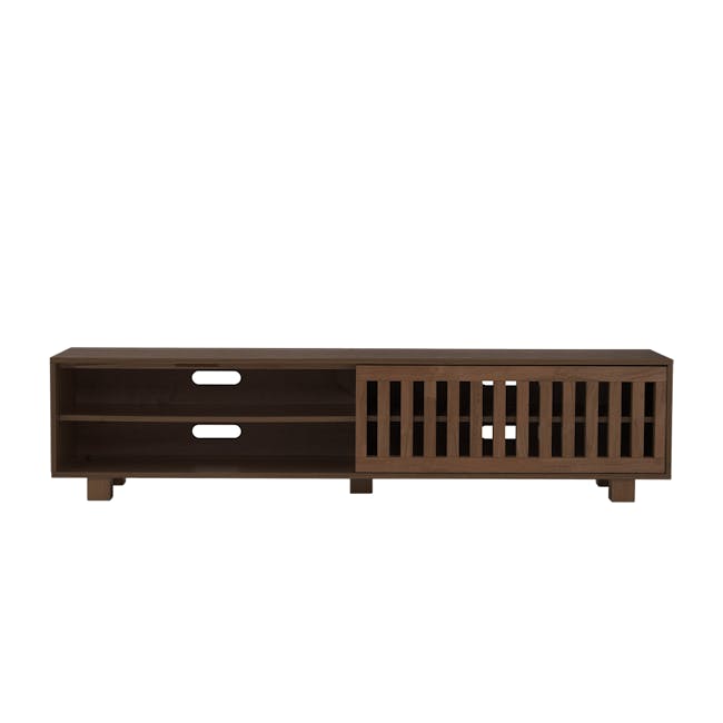 Keita TV Console 1.8m - Walnut - 4 - Wooden sideboard with two drawers, minimalist design, dark wood finish, open shelving