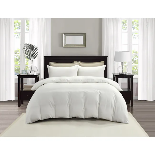 Plain Tencel 4-pc Bedding Set - White (2 Sizes) - 7 - White bedding, black nightstands, large window, white curtains