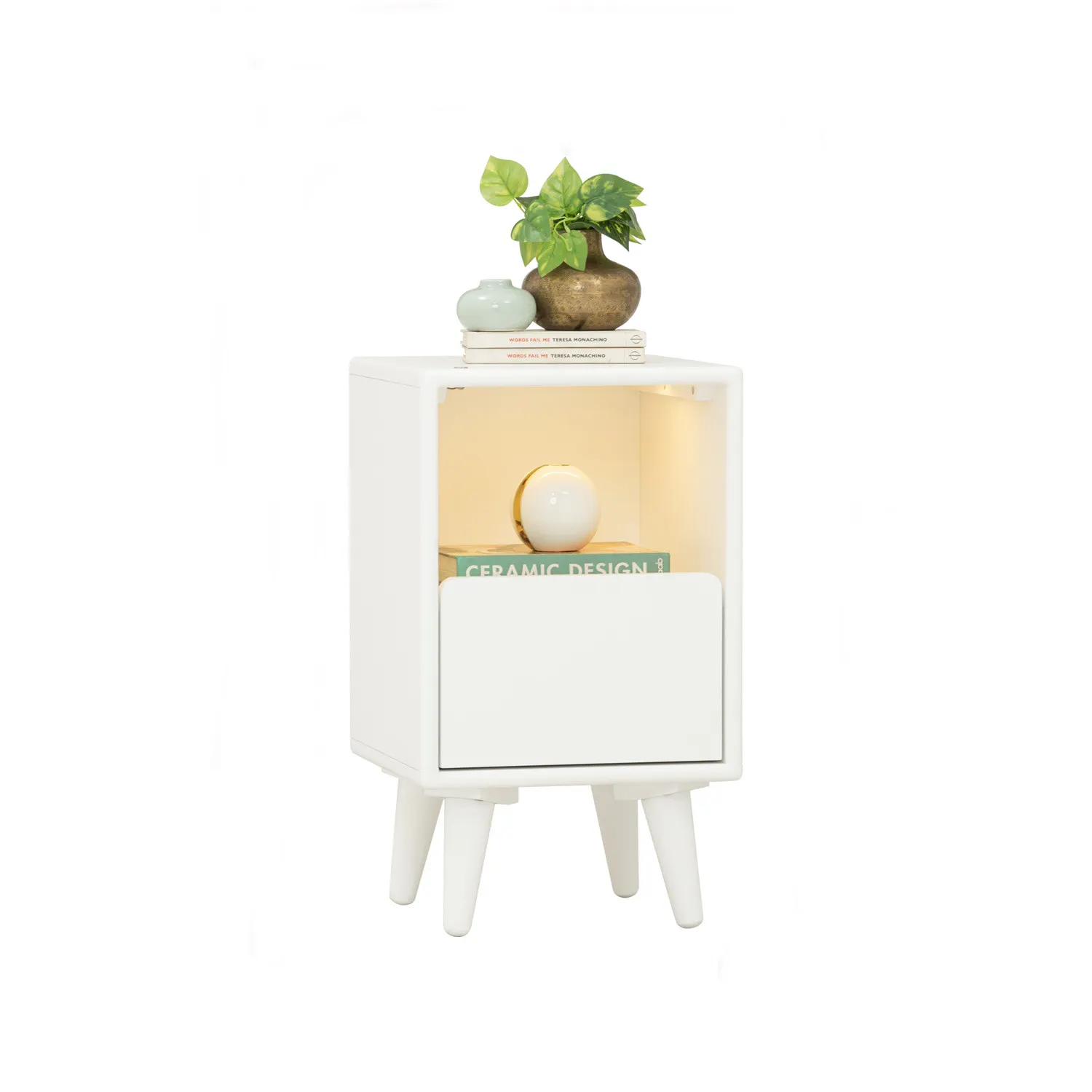 Yara Narrow Bedside Table with LED - White - 16