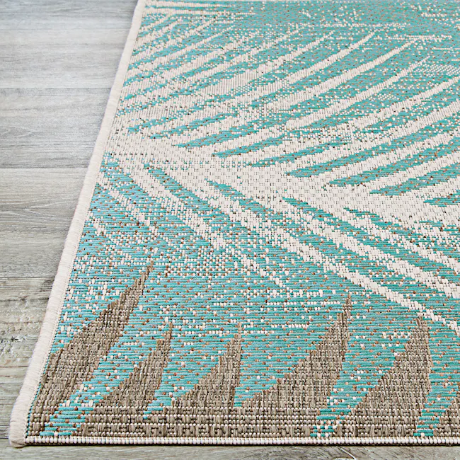 Tropical Palms Flatwoven Rug - Aqua (3 Sizes) - 4 - Turquoise and white woven rug, textured design, intricate patterns