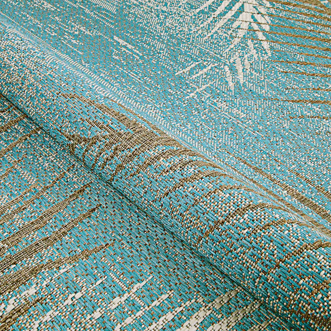 Tropical Palms Flatwoven Rug - Aqua (3 Sizes) - 6 - Blue and brown woven fabric, intricate pattern, textured surface