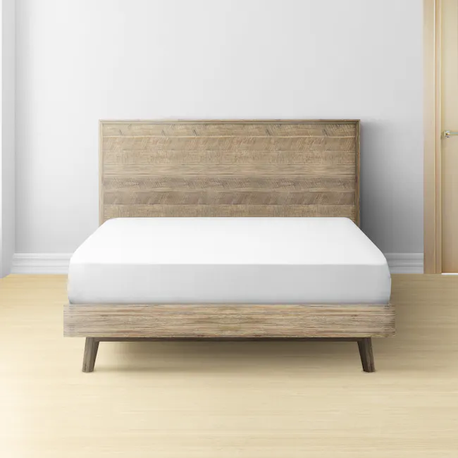 Leland Queen Bed - 3 - Wooden headboard, minimalist design, white bedspread, light wooden floor, simple decor, modern