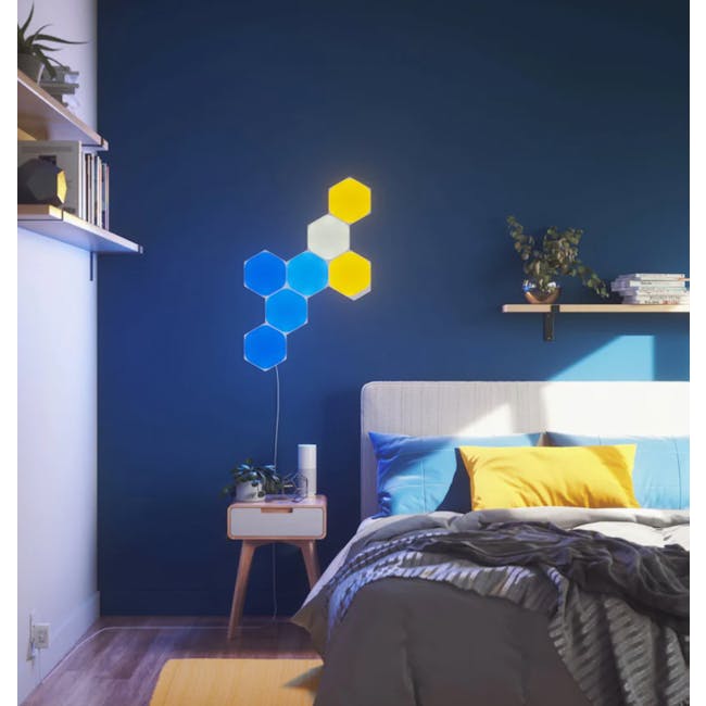 Nanoleaf Shapes Hexagons Smarter Kit (9 Panels) - 2 - Blue wall, hexagonal light, modern decor, cozy bedroom, minimalist
