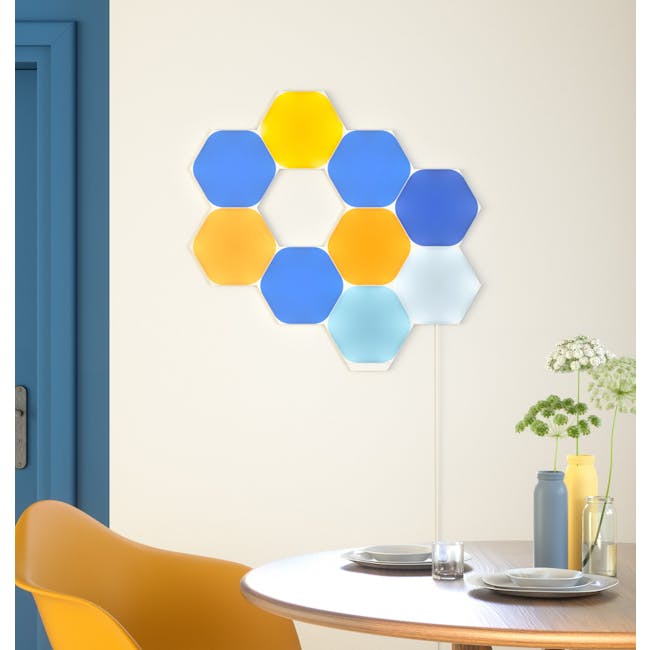 Nanoleaf Shapes Hexagons Smarter Kit (9 Panels) - 4 - Hexagonal wall art, blue and yellow hexagons, modern decor, minimalist