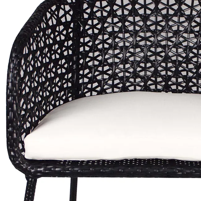 Horizon Patio Set - Cream Cushion - 2 - Wicker chair with intricate lattice design, white cushion, black woven frame, modern